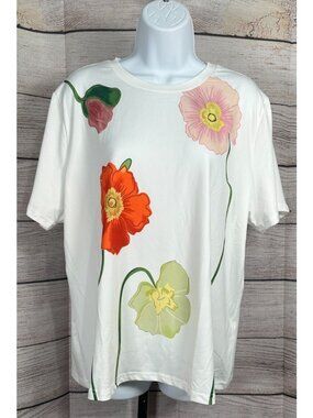Cato Bold Floral Blouse XL White Stretch Top Short Sleeve Lightweight NWT